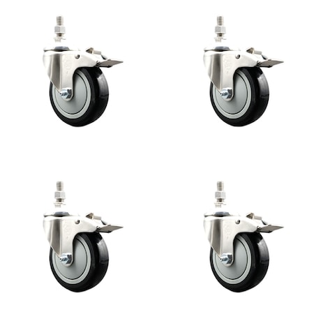 Service Caster 4 Inch 316SS Black Polyurethane Wheel Swivel 10mm Stem Caster Set Lock Brake SS316TSTTL20S414-PPUB-BLK-M1015-4